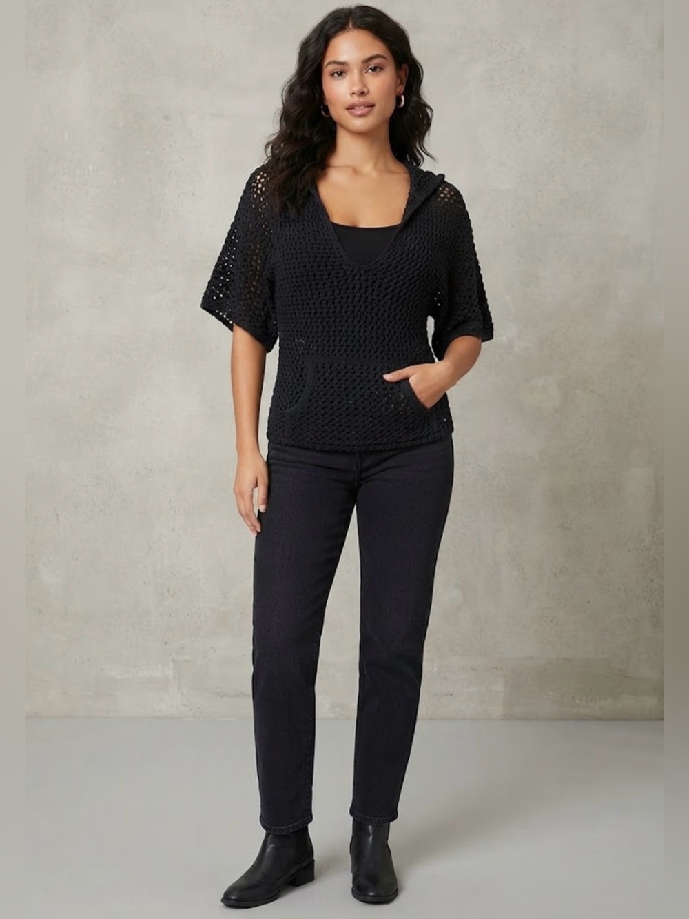 Forever 21 Black Open Knit Crochet Hooded Short Sleeve Pocket Sweater Large